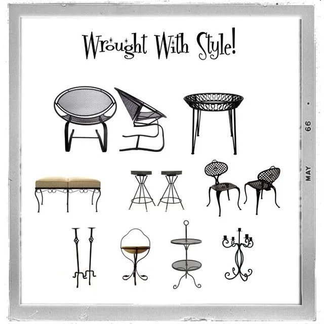 Collection of various stylish tables and chairs, with the phrase "Wrought With Style!" at the top.