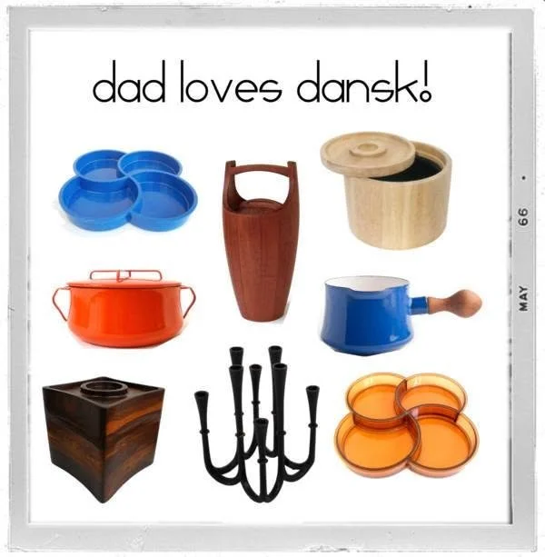 Collection of Danish design items including blue dishes, a red thermos, a wooden container, an orange pot, a blue mug, a black candle holder, and orange coasters with the phrase 'dad loves dansk!'