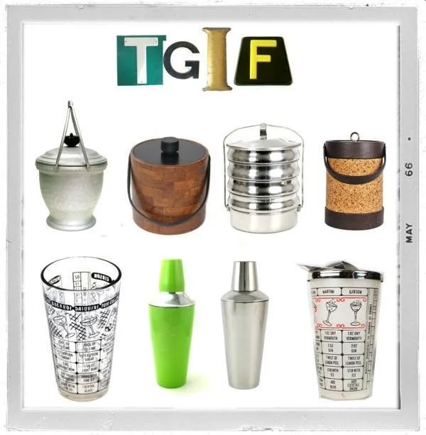 A collection of vintage barware and cocktail shakers, with alphabet tiles spelling TGF at the top.