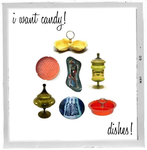 A collection of vintage jewelry and small decorative containers with the text 'I want candy! dishes!' on a white background.