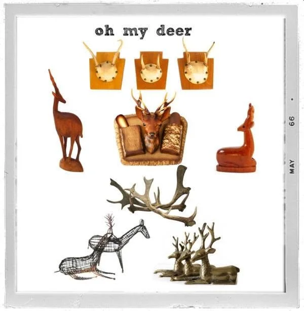 Wall display with decorative deer figures, including a mounted head with antlers, a sitting deer sculpture, a wireframe reindeer, and painted reindeer figures. The display is titled 'oh my deer' at the top.