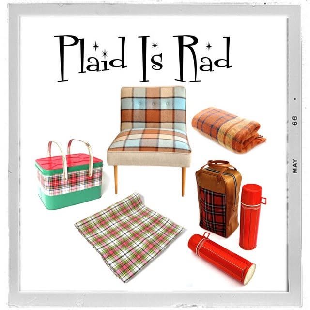 A collection of plaid-patterned household items including a chair, blanket, tote basket, picnic blanket, suitcase, and thermos bottles, with the words "Plaid Is Rad" displayed at the top.
