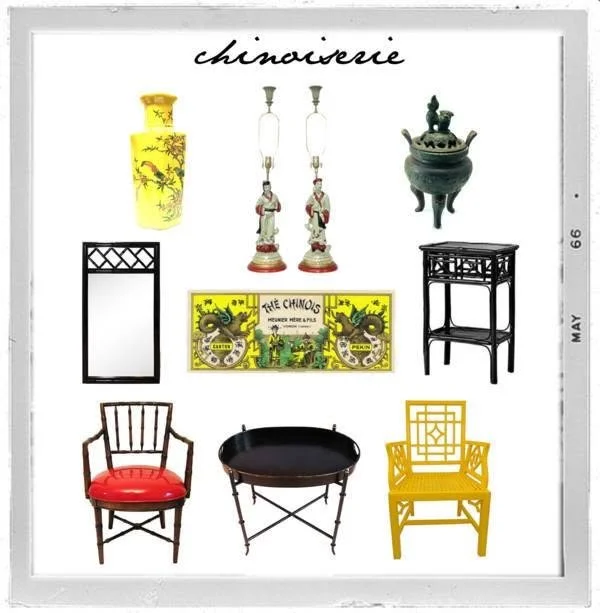 Collection of vintage and Asian-inspired decor and furniture, including yellow vases, glass lamps, a bronze incense burner, black and yellow chairs, a black tray table, and a decorative sign about Chinese culture.