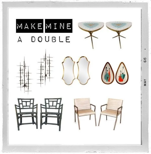 Decorative wall art with the phrase 'Make MINE a double,' featuring images of two chairs, two side tables, two wall mirrors, and two teardrop-shaped framed pictures.