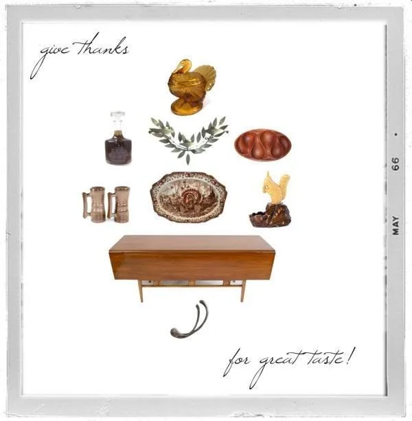 A collage of various objects including a loaf of bread, a glass jar, leaves, a leather pouch, a carved wooden sculpture, a miniature teapot, a wooden table, a curved hook, and handwritten text that says 'give thanks for great taste!'