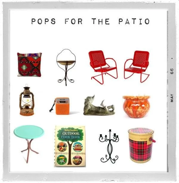 Decorative sign with the title "Pops for the Patio" featuring outdoor-themed items including a pillow, small table, two red chairs, lantern, vintage radio, dog figurine, ceramic pot, side table, outdoor cook book, candelabra, and a plaid-covered jar.
