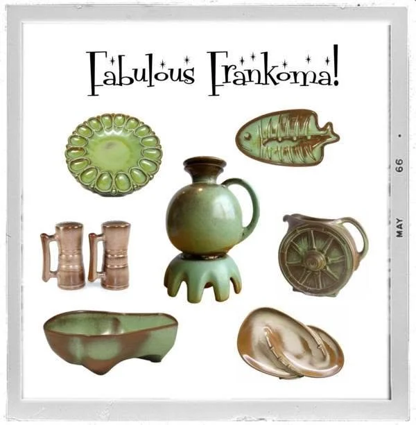 Collection of vintage green ceramic dishes and mugs with a greeting card reading 'Fabulous Frankoma!' at the top.