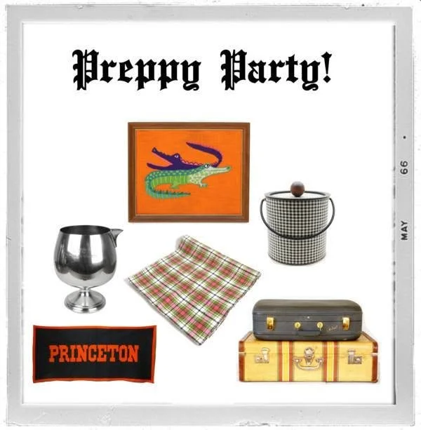Decorative collection of vintage and retro items on a white background, including a framed alligator print, a metal ice bucket, a checkered napkin, a Princeton University patch, and stacking suitcases.