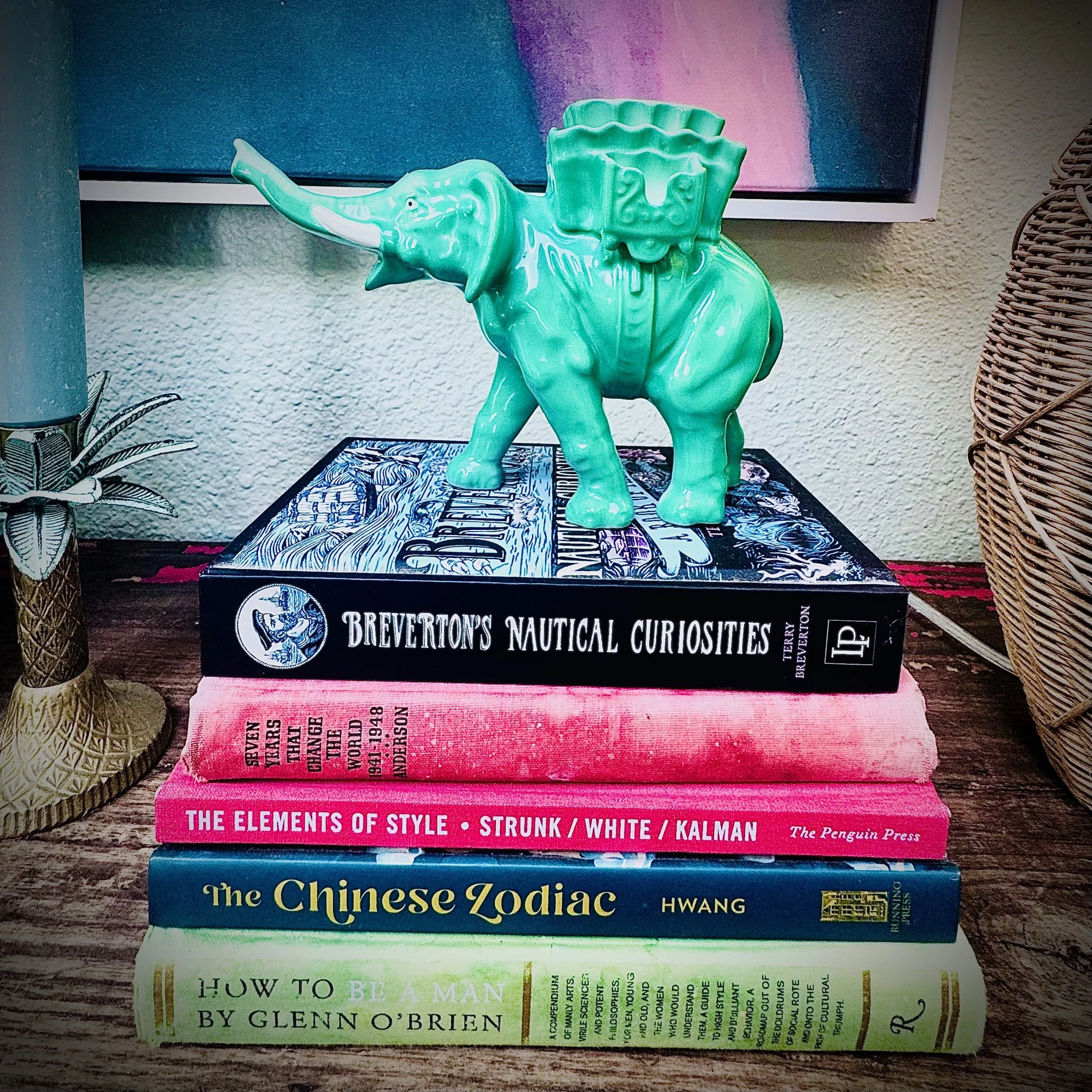 Stack of books on a wooden surface, including titles such as 'The Elements of Style', 'The Chinese Zodiac', and 'How to Be a Man'.