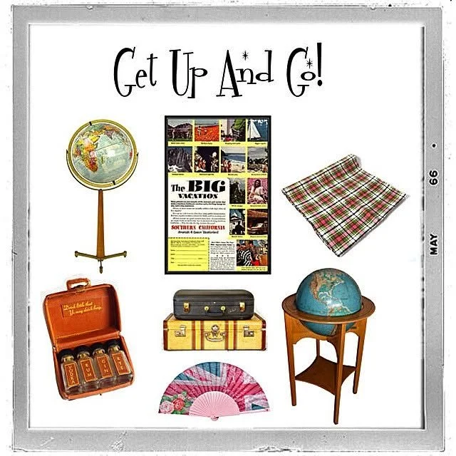 A collection of travel and educational items: a globe, a hiking trail map, a plaid cloth, a first aid kit, a vintage suitcase, a globe on a wooden stand, a pink and blue fan, and a sign that says 'Get Up And Go!'.