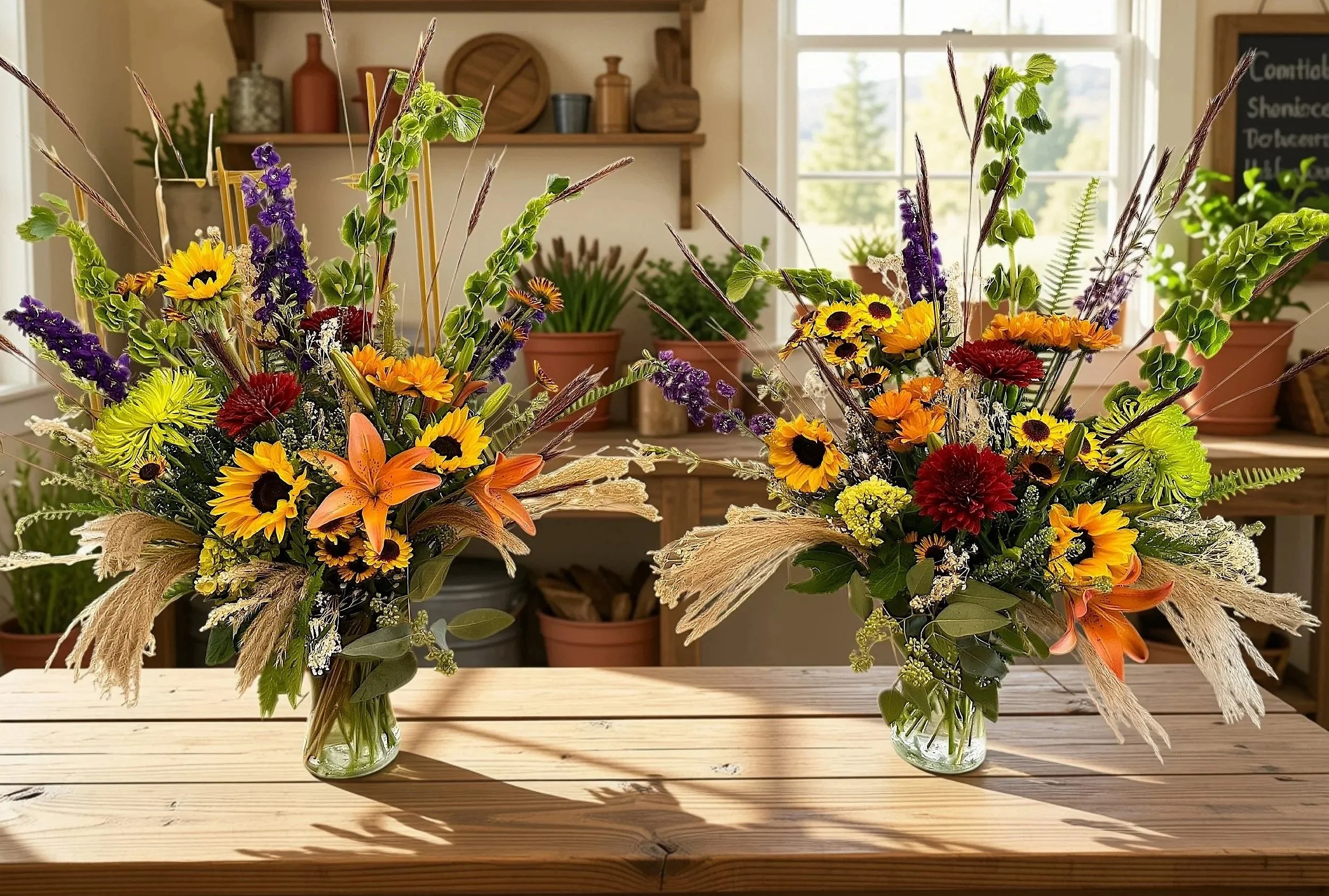Two glass vase arrangements of colorful flowers on a wooden table in a bright room with a blackboard in the background.