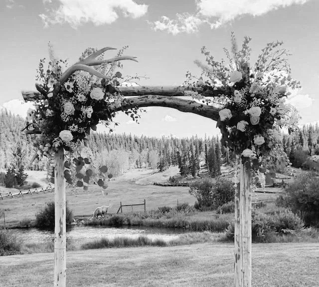 Wooden wedding arch decorated with flowers and antlers, placed outdoors on a grassy field with trees and a pond in the background.
