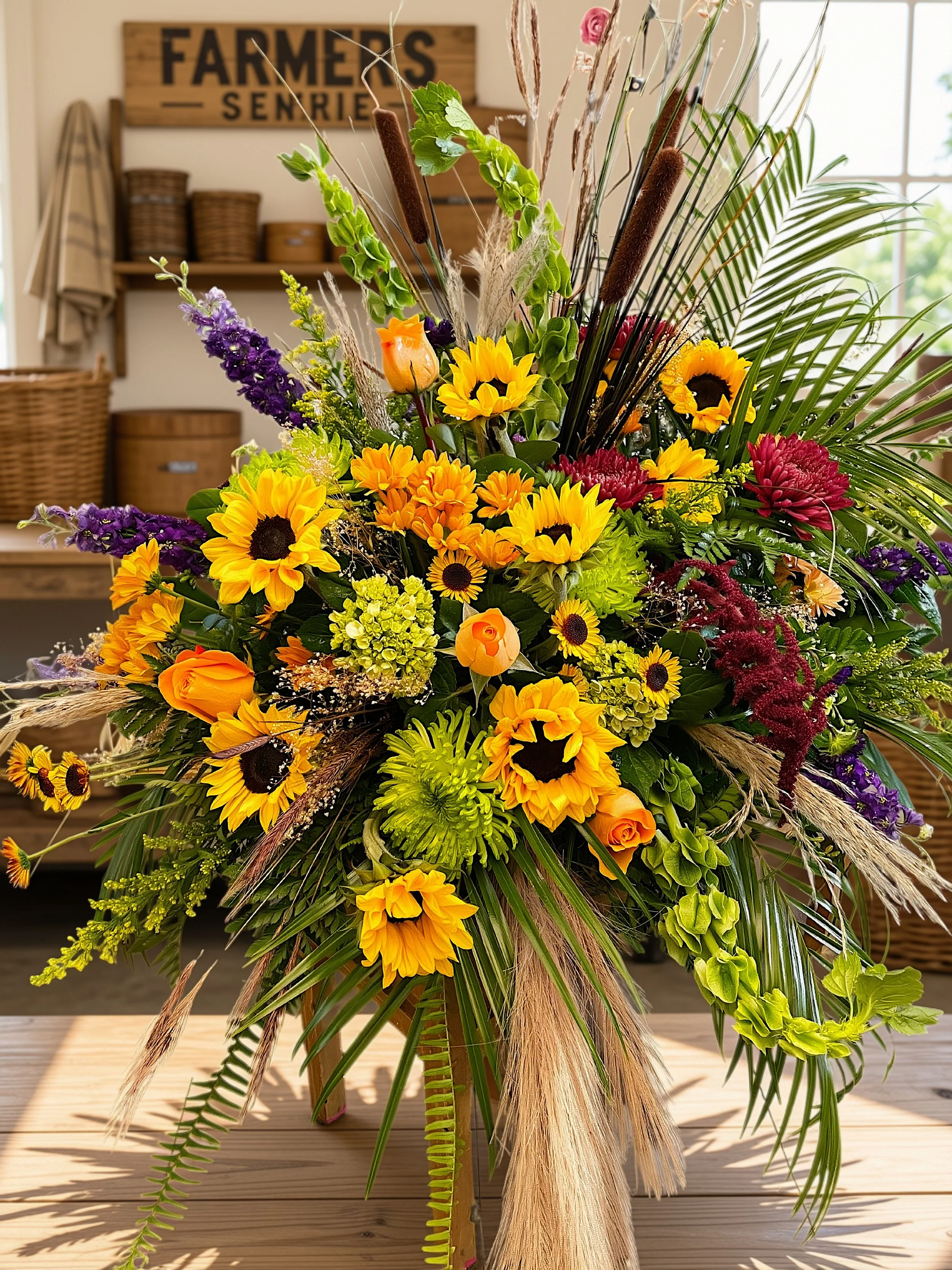 A large sympathy arrangement with sunflowers, lilies, roses, and various greenery on a wooden table in a bright room with a window.