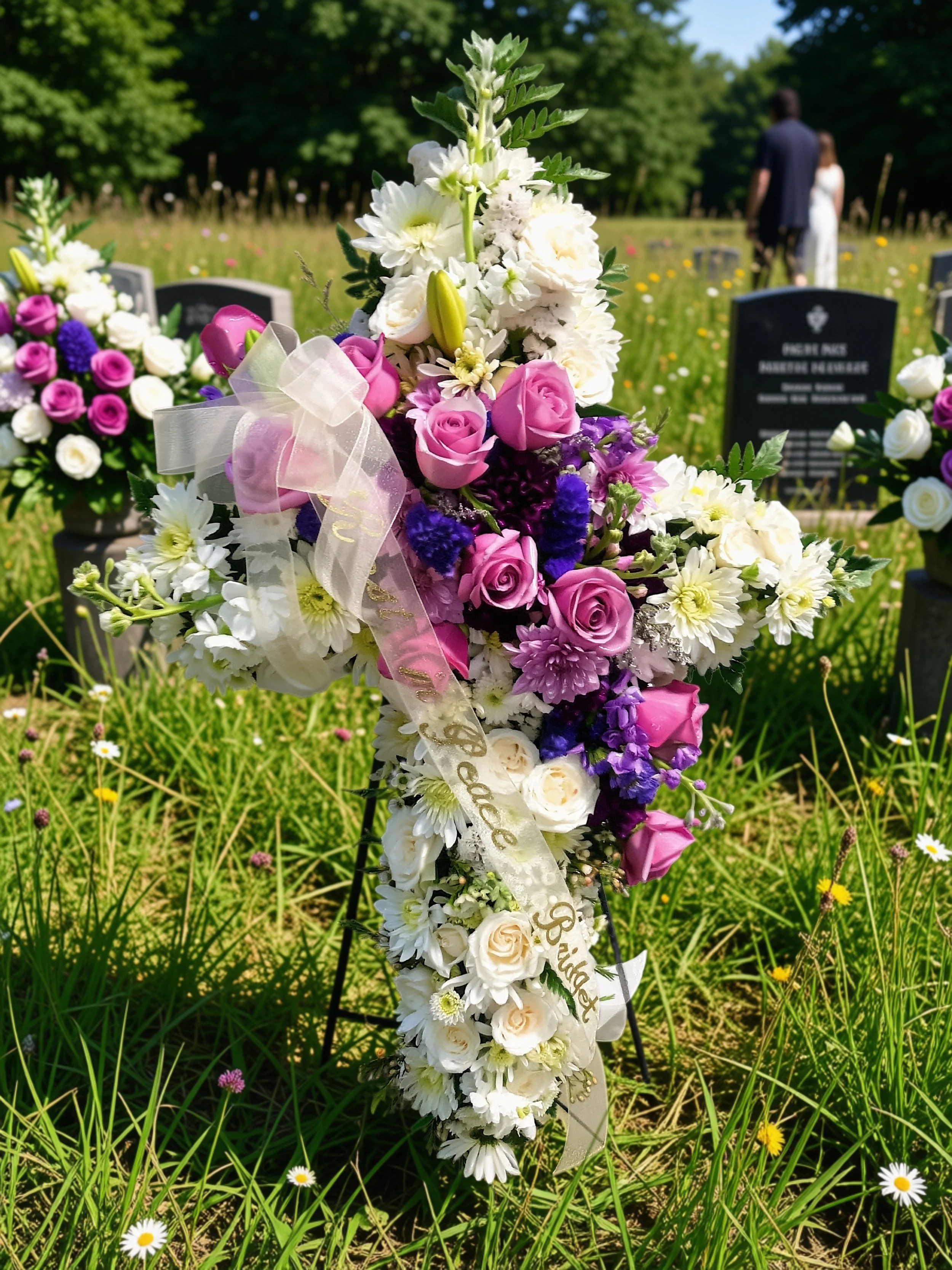 A sympathy cross with white and purple flowers, placed on a grassy field with small white daisies.