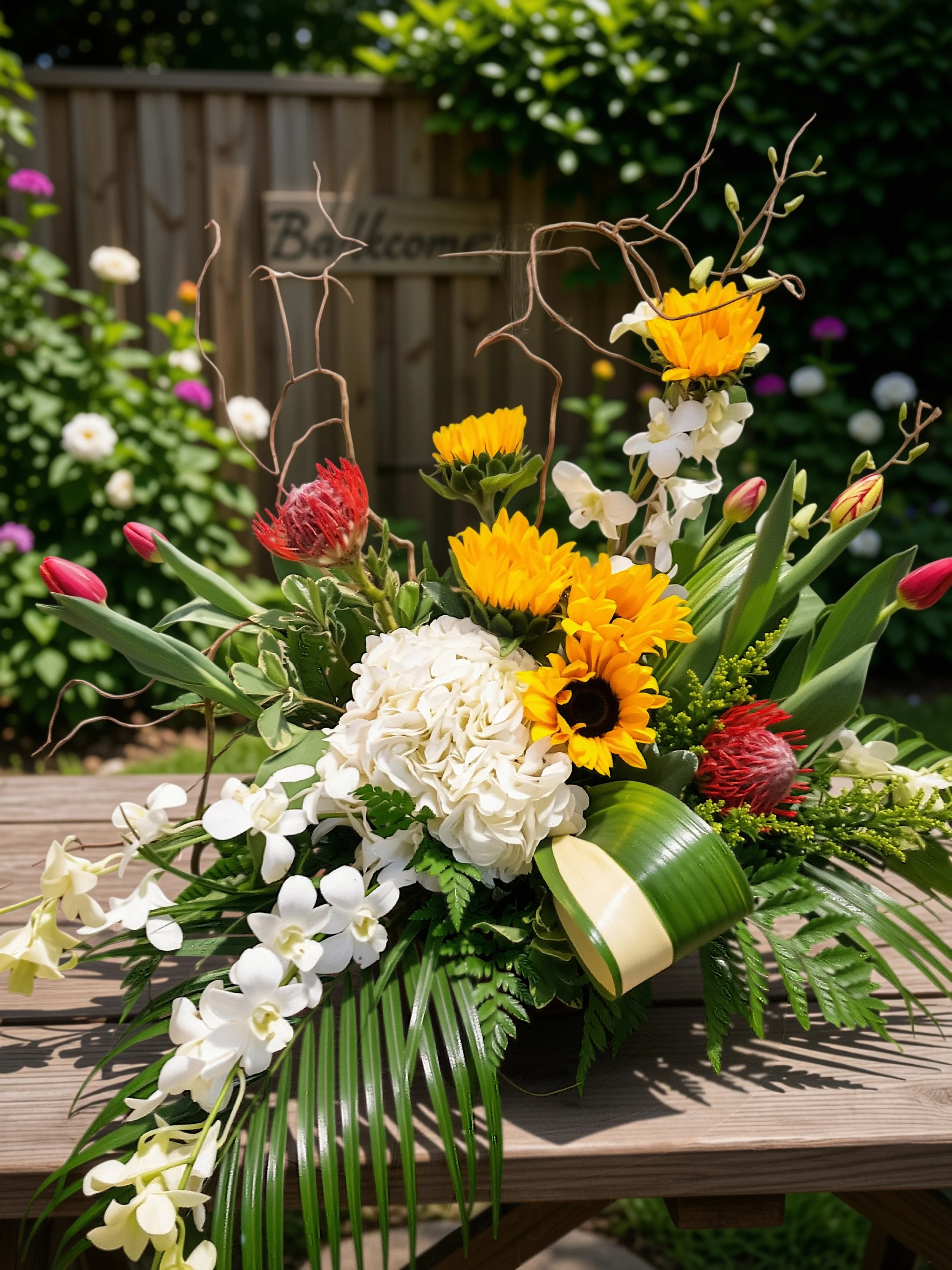 A colorful flower arrangement with yellow, white, red, and pink flowers, greenery, and decorative twigs, placed on a wooden surface outdoors with a background of a wooden fence and green bushes.
