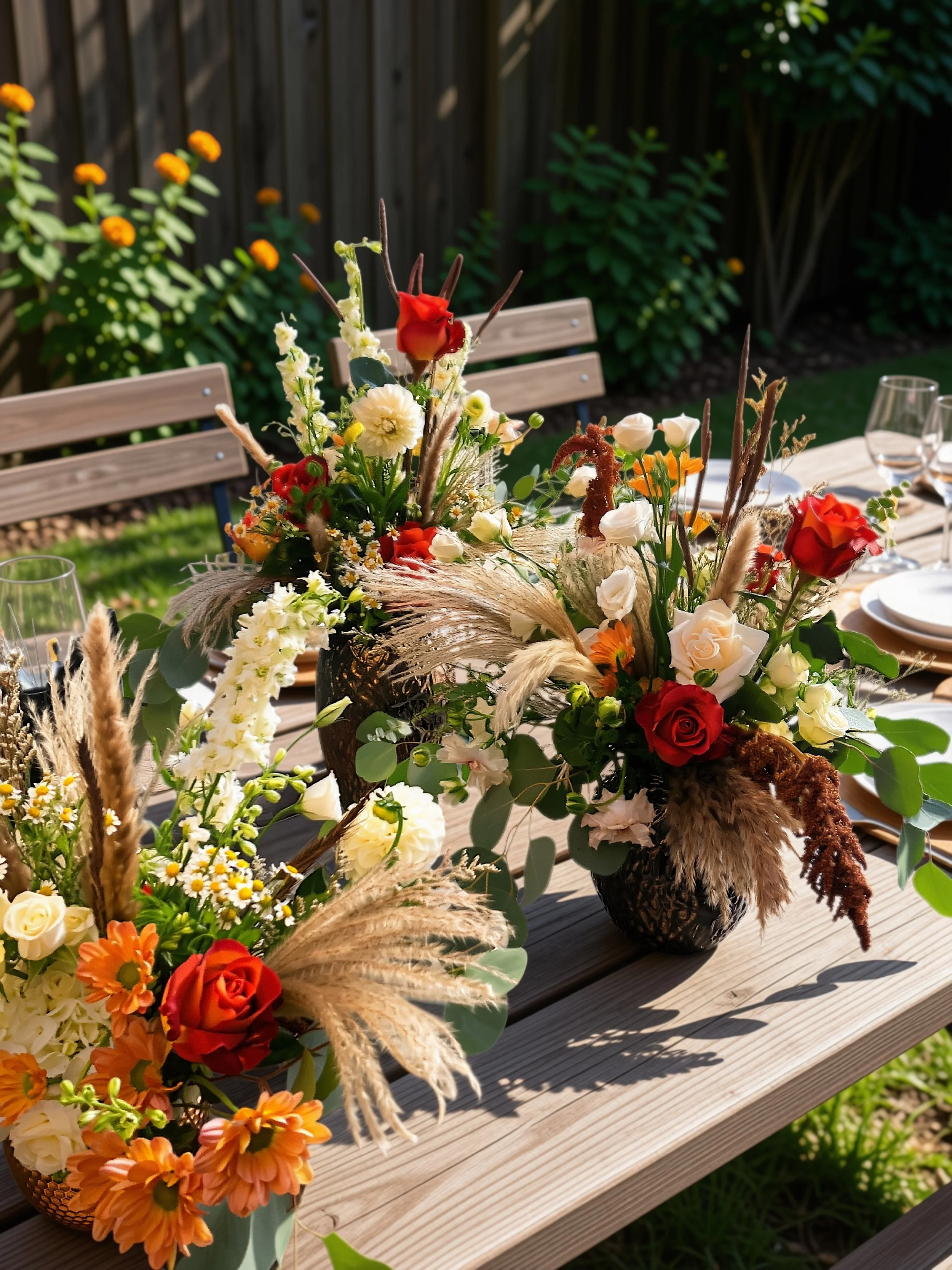 Floral vase arrangements on a wooden table outdoors, featuring a variety of colorful flowers and grasses, with a wooden fence and greenery in the background.
