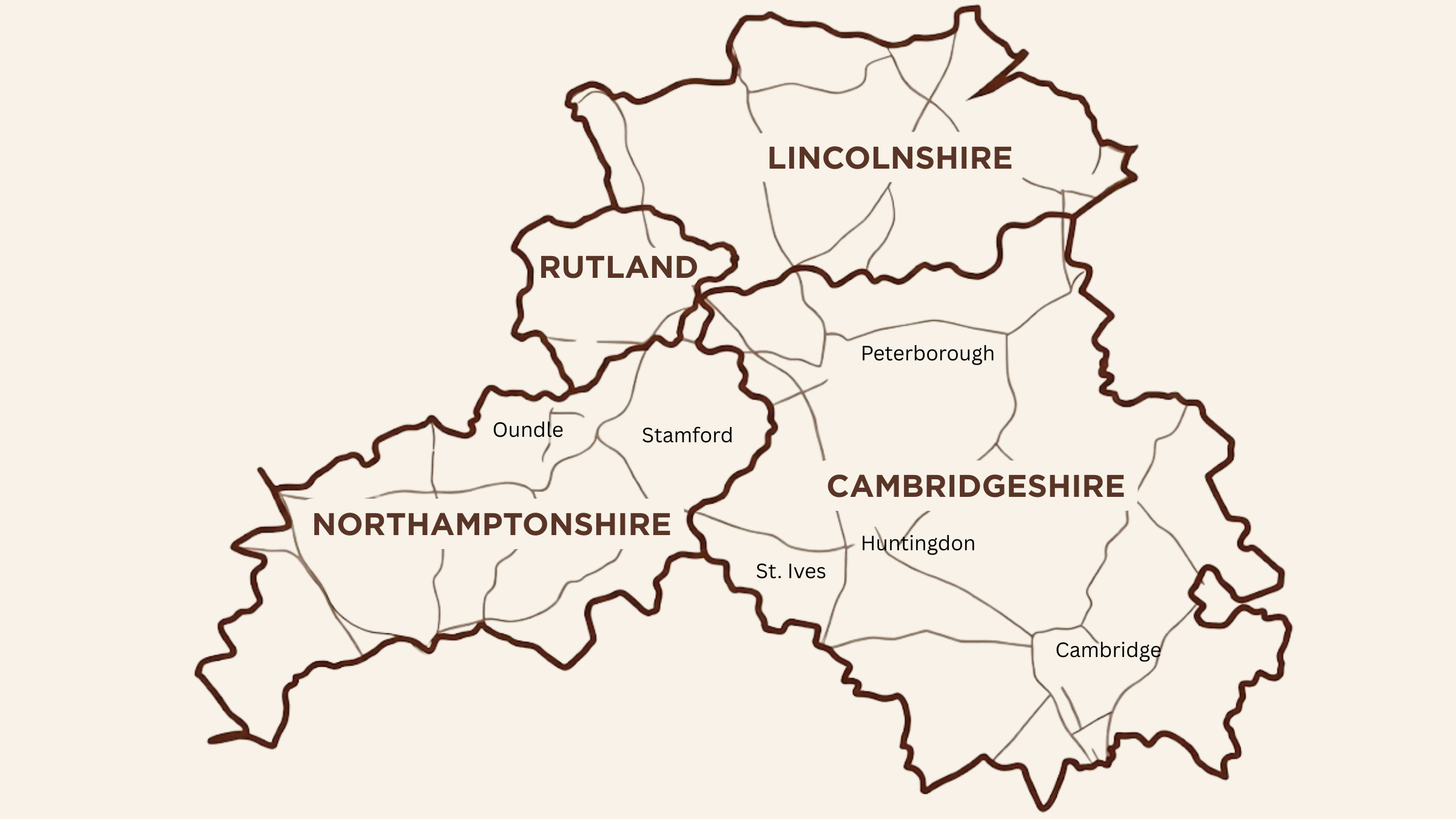 Map of a region with labeled areas: Lincolnshire, Rutland, Northamptonshire, Cambridgeshire, and towns such as Peterborough, Oundle, Stamford, Huntingdon, St. Ives, and Cambridge, with county borders marked.