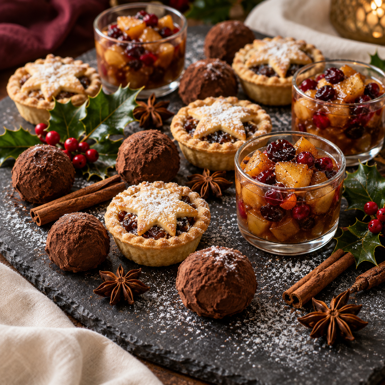 mince pies and chocolate truffles ona christmas plate