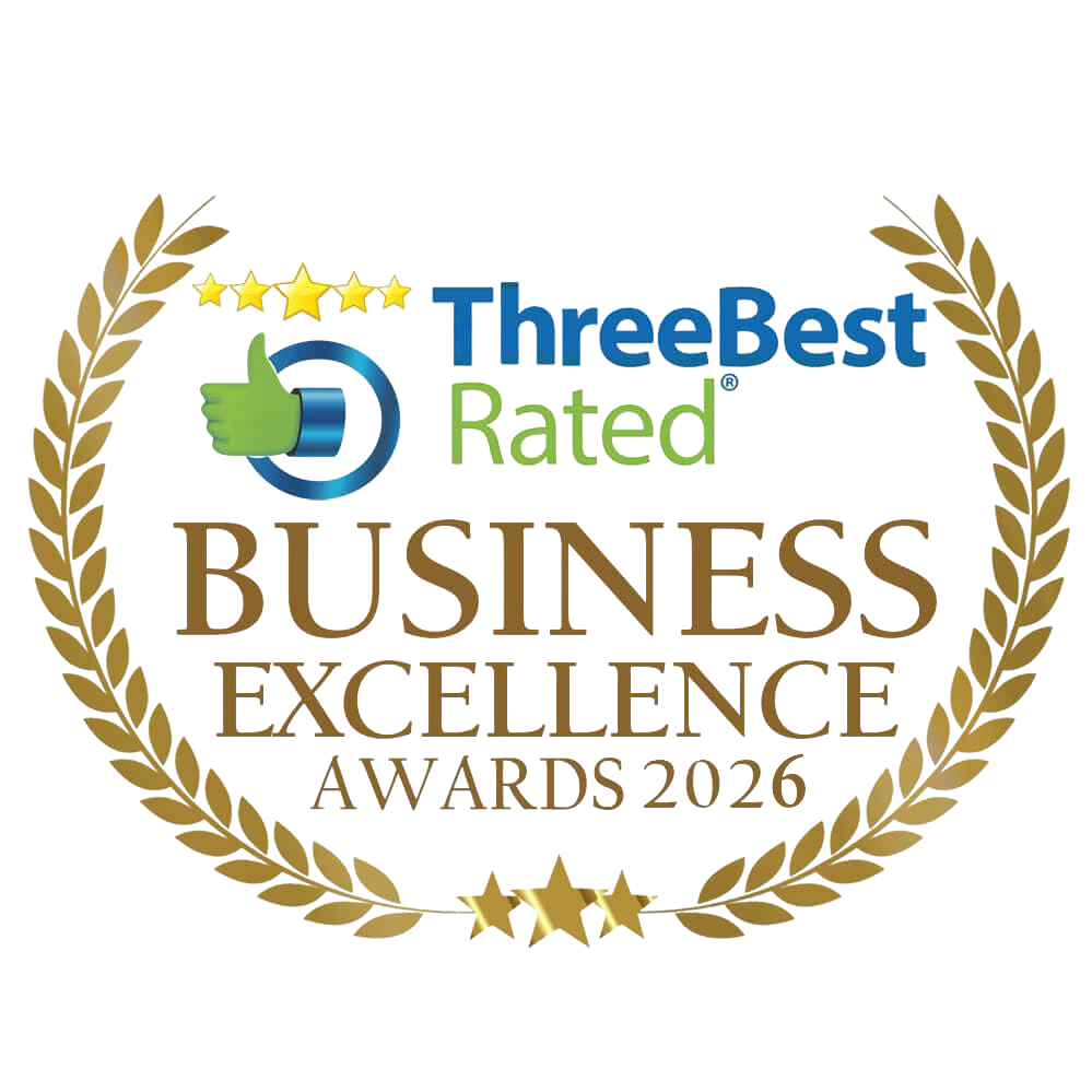 Gold award badge with laurel wreath, three stars, and text stating "Three Best Rated Business Excellence Awards 2016".