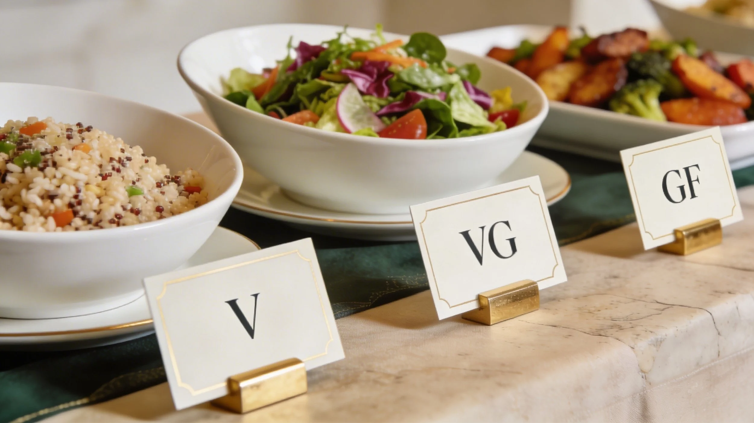 Bowl of vegetable grain salad, mixed greens, cherry tomatoes, and radish slices, with labels indicating vegan and gluten-free options