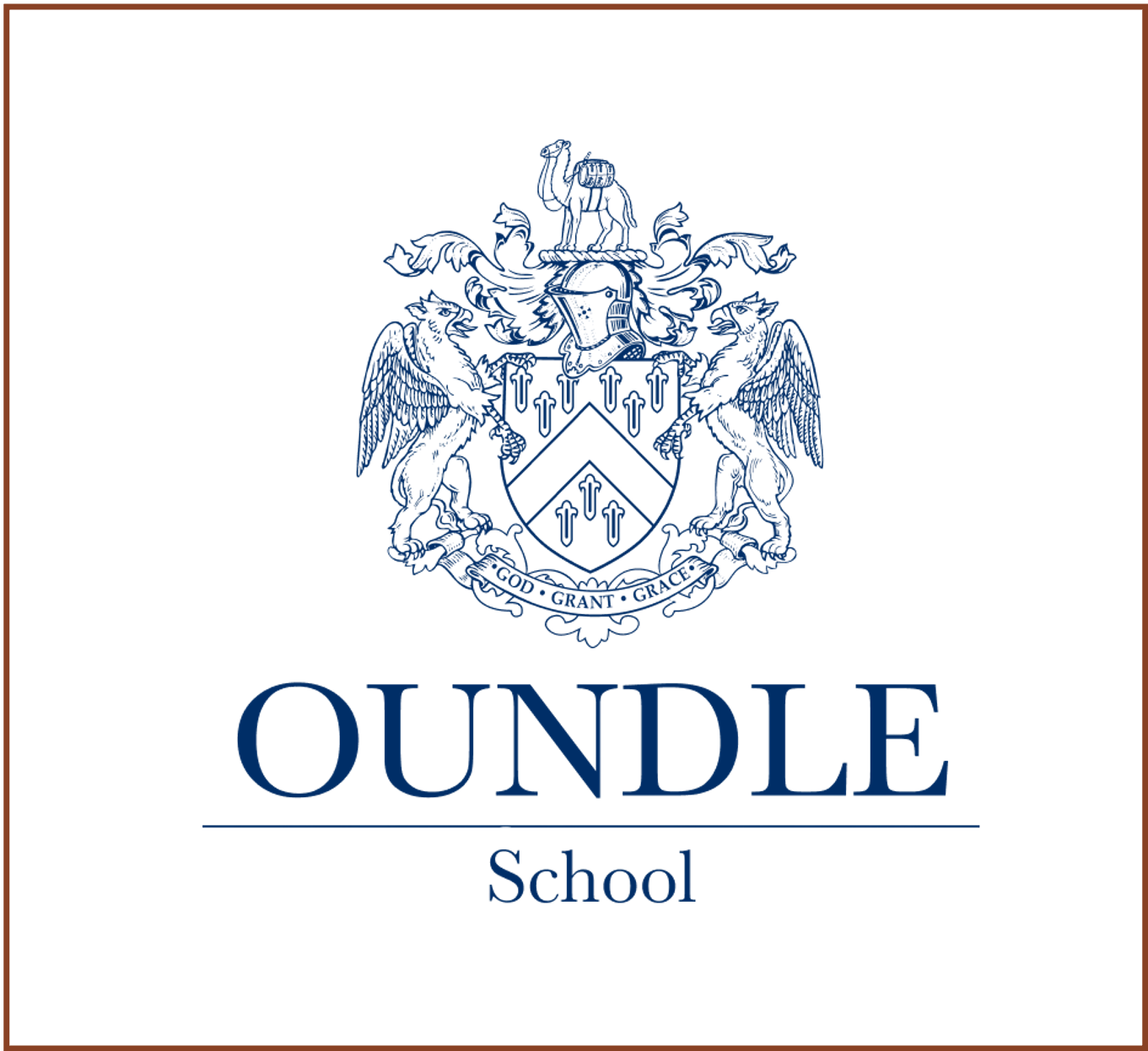 The logo of Oundle School featuring a crest with a horse on top, two lions, and a shield with chevron patterns, along with the words 'Oundle School' in blue text.