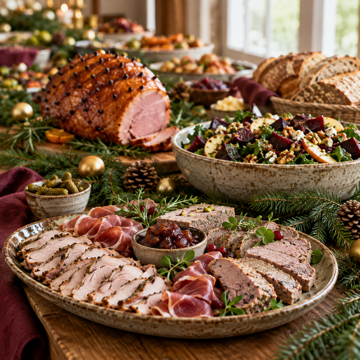 cold buffet items for christmas, ham, turkey