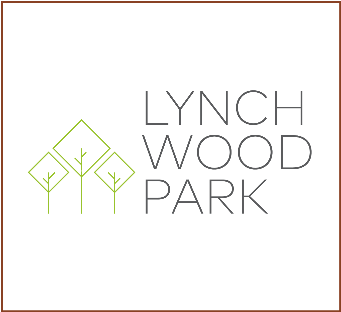 Logo for Lynch Wood Park featuring three stylized green trees with square canopies and the park's name in gray text.
