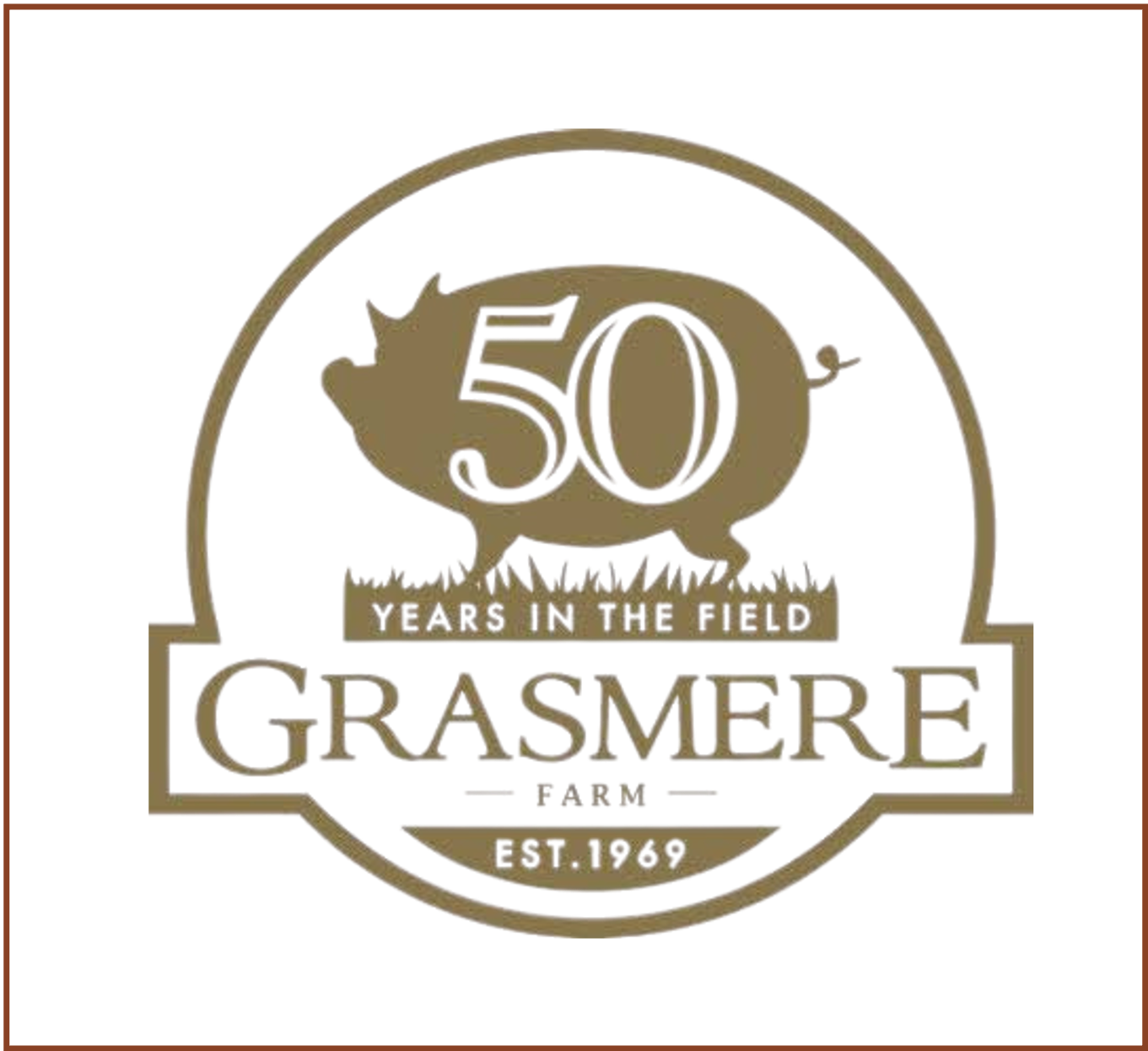 A logo celebrating the 50th anniversary of the Grasmere estate, featuring a wolf's head silhouette, with the words "50 Years in the Field" and "Grasmere Est. 1969".