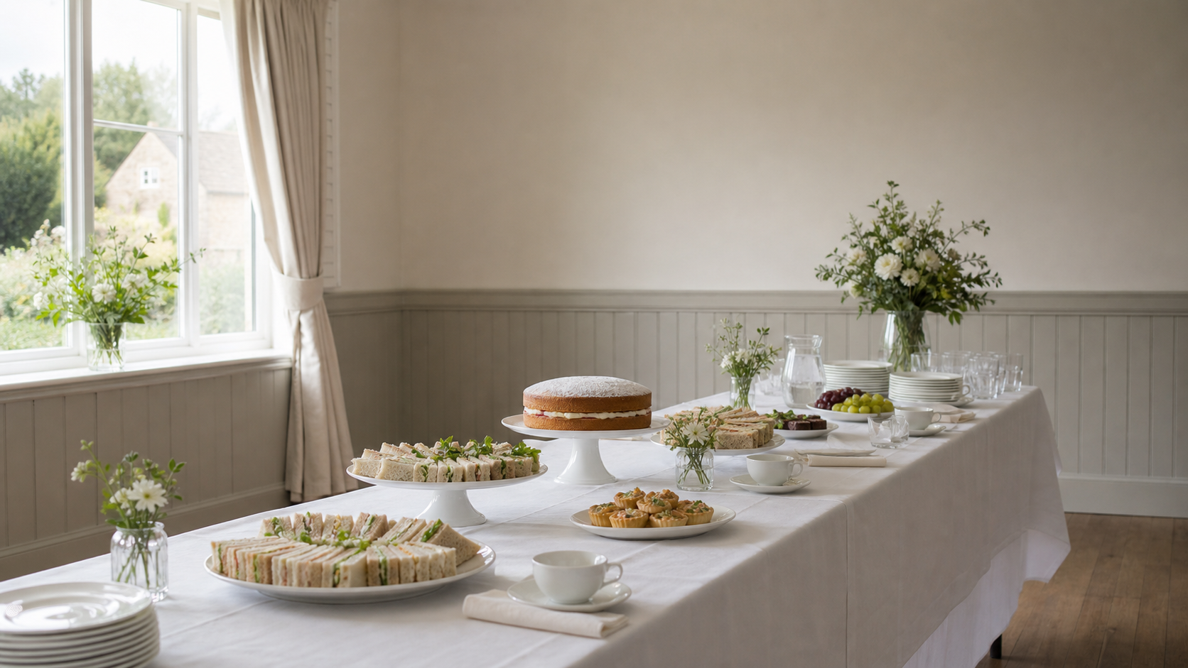 A tiered tray with assorted baked goods including cupcakes, cookies, and brownies, set on a table with floral decorations, teacups, and plates in a tea party setting.