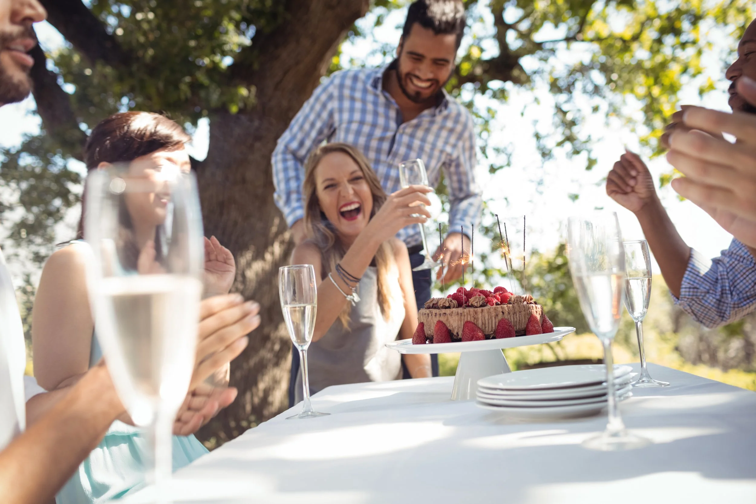 Group of people enjoying a celebration outdoors, gathered around a table with a cake topped with strawberries and sparklers, under a large tree on a sunny day.