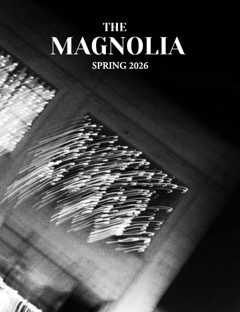 Black-and-white cover reading “The Magnolia Spring 2026” with abstract white brushstrokes on dark fabric