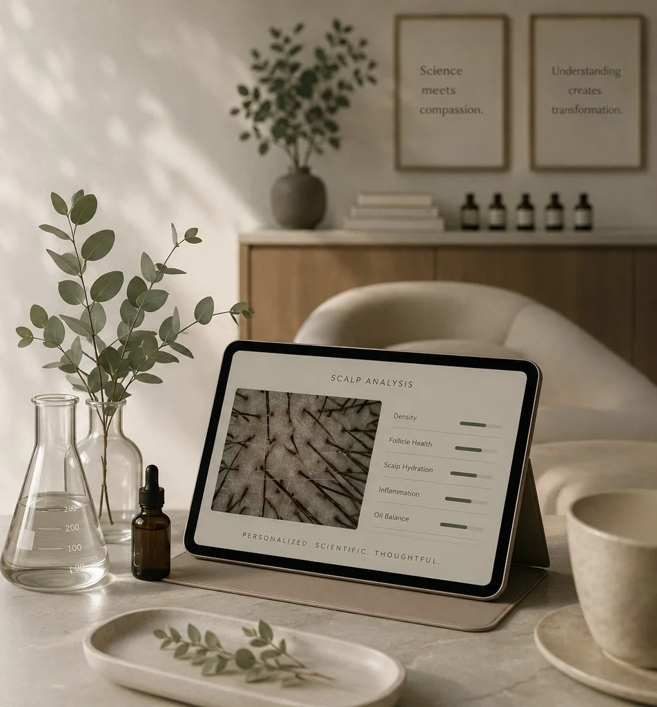 Tablet displaying scalp analysis results on a table with a small glass bottle with a dropper, a vase with greenery, a leaf on a dish, and a cup. In the background, framed posters and a cabinet with a large potted plant and books.