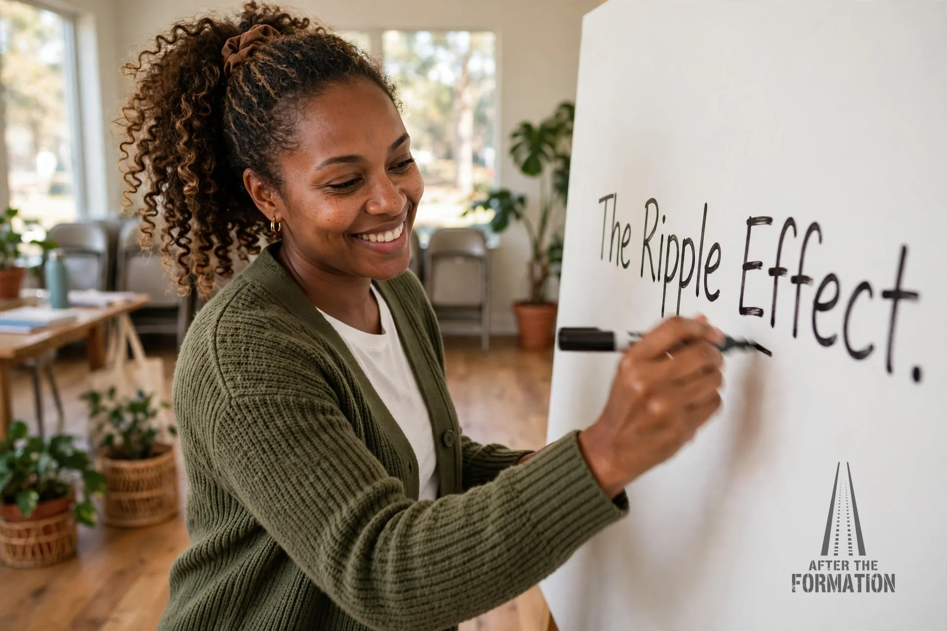 A woman with curly hair wearing a green cardigan smiling while writing on a whiteboard. The whiteboard displays the partially visible words "The Ripple Effect" and a road illustration with the text "After the Formation" at the bottom right. The room has large windows, potted plants, and tables in the background.