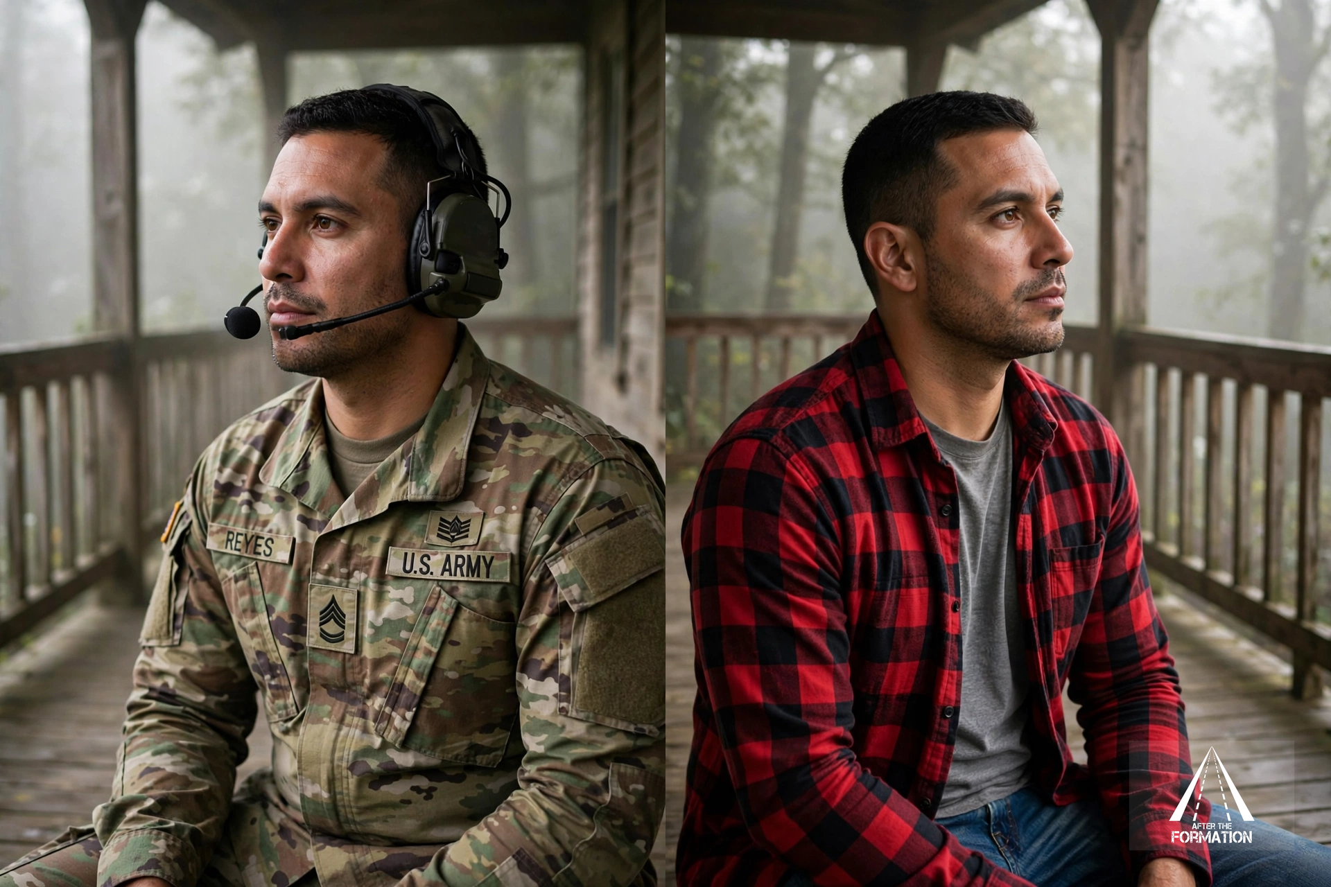 Side view of two men sitting outside on a wooden porch with trees in the background. On the left, a man in U.S. Army camouflage uniform with a headset and name tag "Reyes." On the right, a man in a red and black plaid shirt with a gray T-shirt underneath.