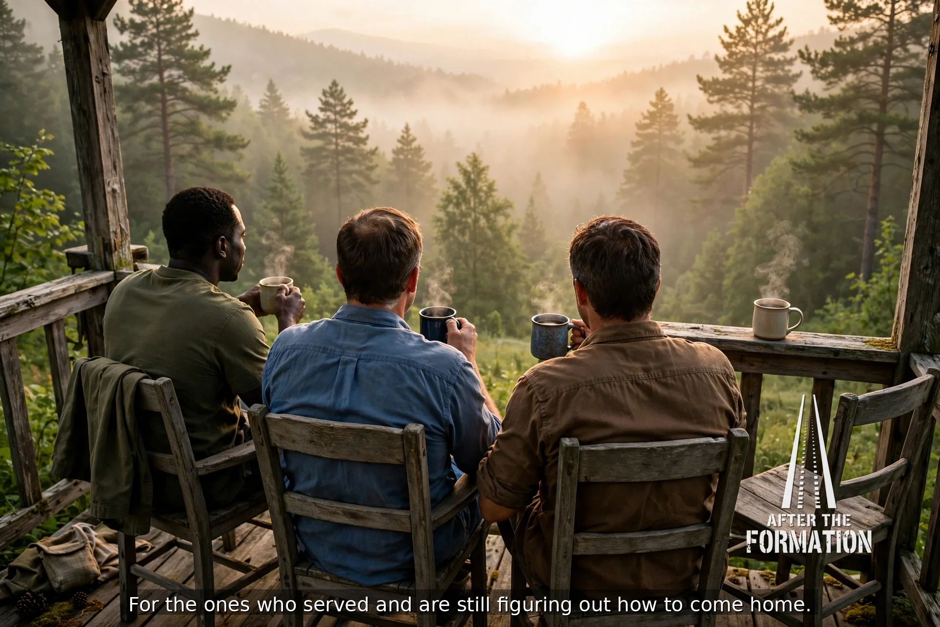 Three men sit on a wooden porch overlooking a forested landscape at sunrise, each holding a mug. The scene is misty with the sun rising behind the trees. There is a logo in the bottom right corner that reads 'After the Formation.'