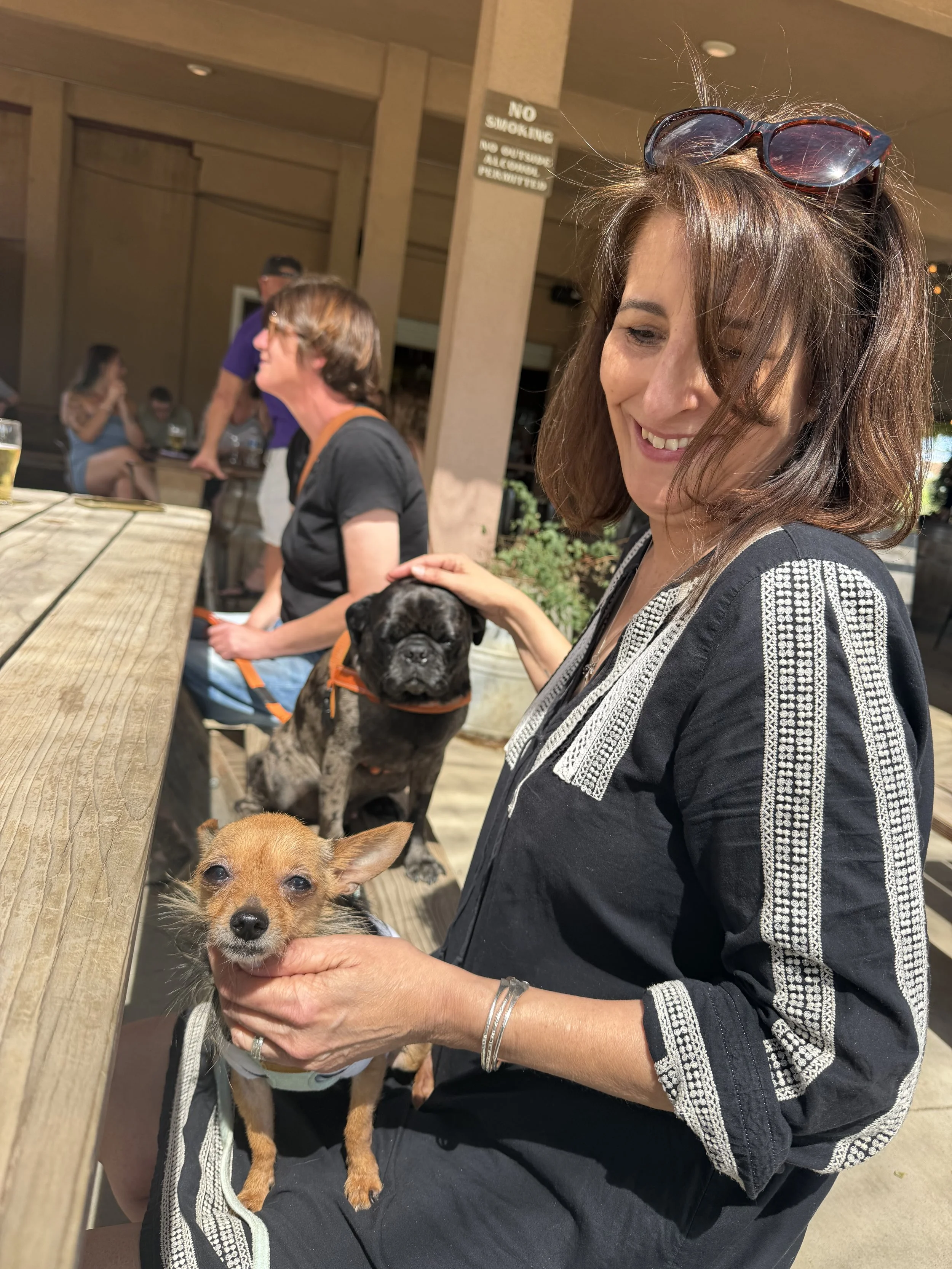A woman with brown hair and sunglasses on her head holding a small brown dog with big ears in her lap at an outdoor setting. Other people are seated at a table in the background and there is a "No Smoking" sign on a pillar.
