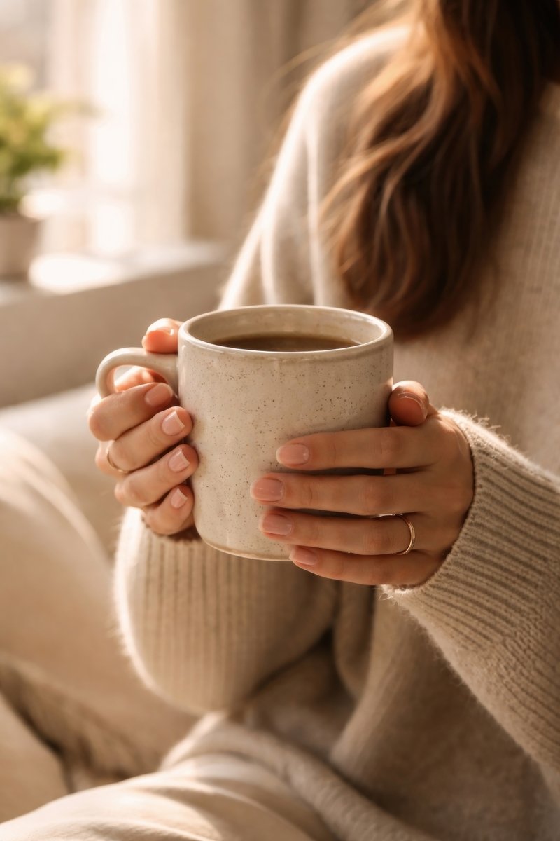A person holding a ceramic mug filled with a hot beverage, wearing a beige sweater with a background of soft natural light through a window.