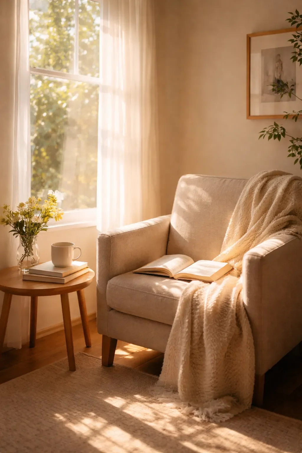 Sunlit cozy living room corner with beige armchair, open book, cream blanket, side table with flowers, mug, and framed artwork on wall.