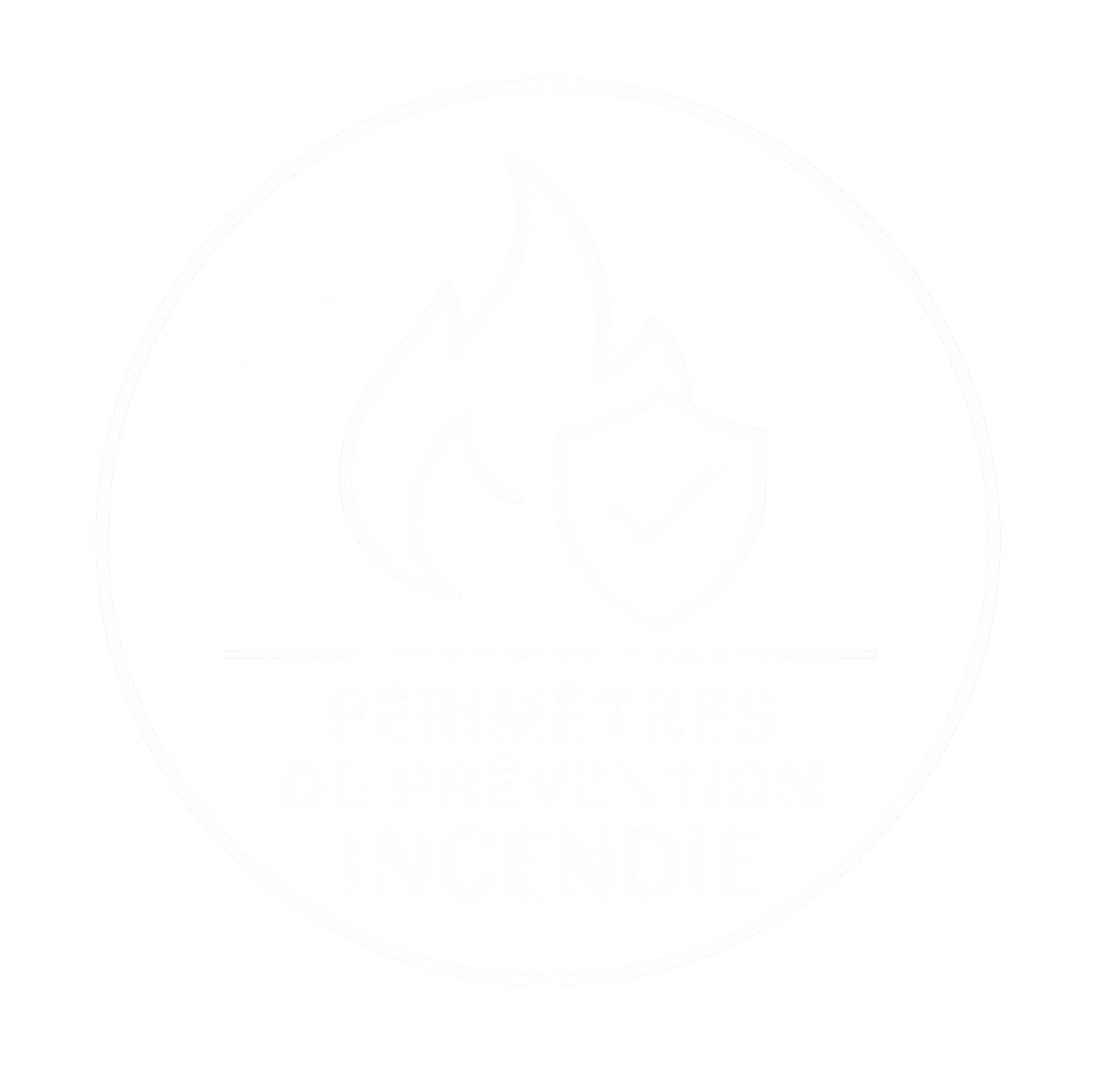Logo circulaire avec une flamme devant un bouclier, texte 'PERIMETRES DE PREVENTION INCENDIE' en dessous.