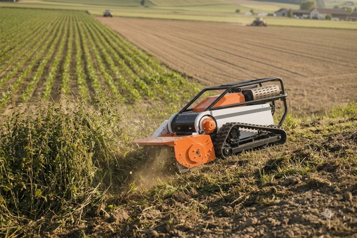 robot agricole en action dans un champ cultivé.