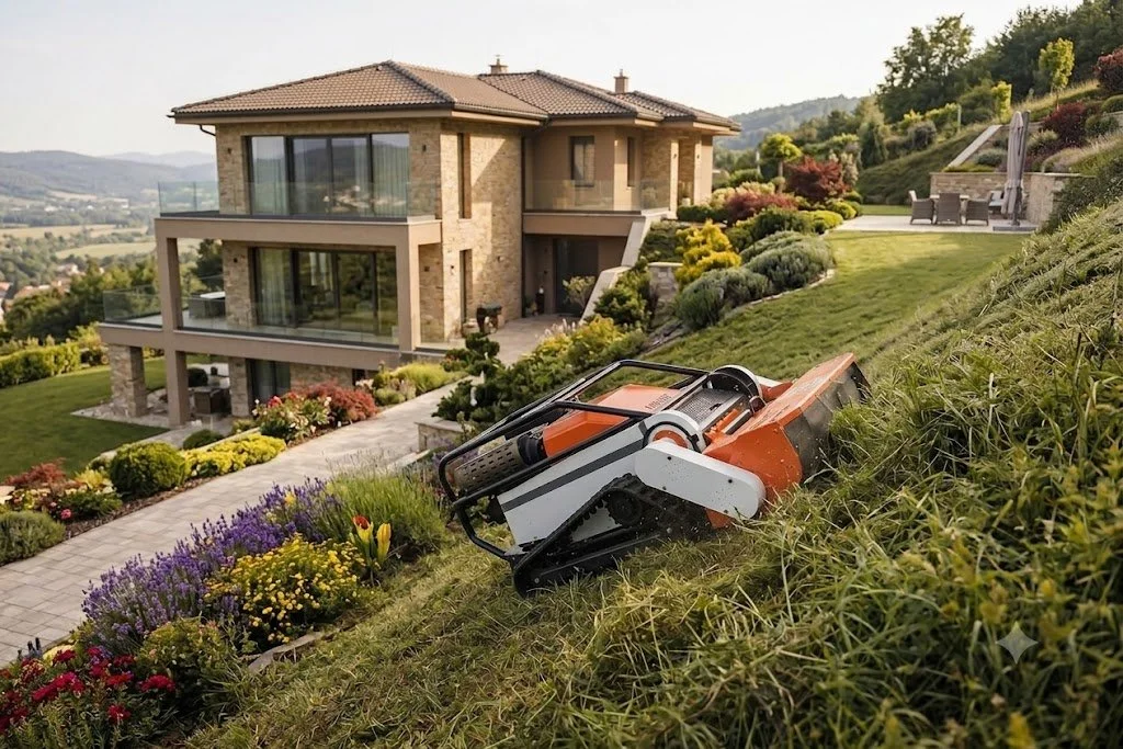 Un robot de tonte de pelouse électrique sur une pente herbeuse devant une grande maison en pierre avec de nombreux jardins paysagers. La maison est située en hauteur avec une vue sur la campagne environnante.