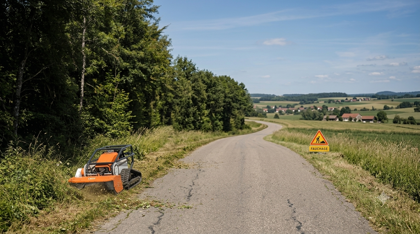 Une petite route de campagne avec un panneau de signalisation indiquant un travail de débroussaillage et un tracteur en train de couper l'herbe sur le bas-côté.