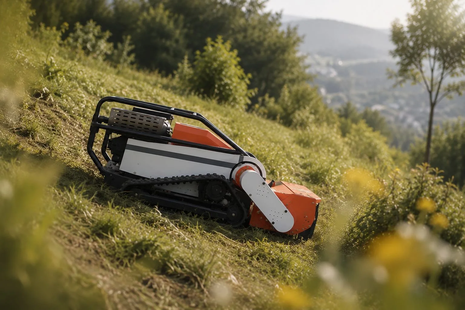 Robot de tonte de pelouse sur une pente en plein air avec des arbres et une colline en arrière-plan.
