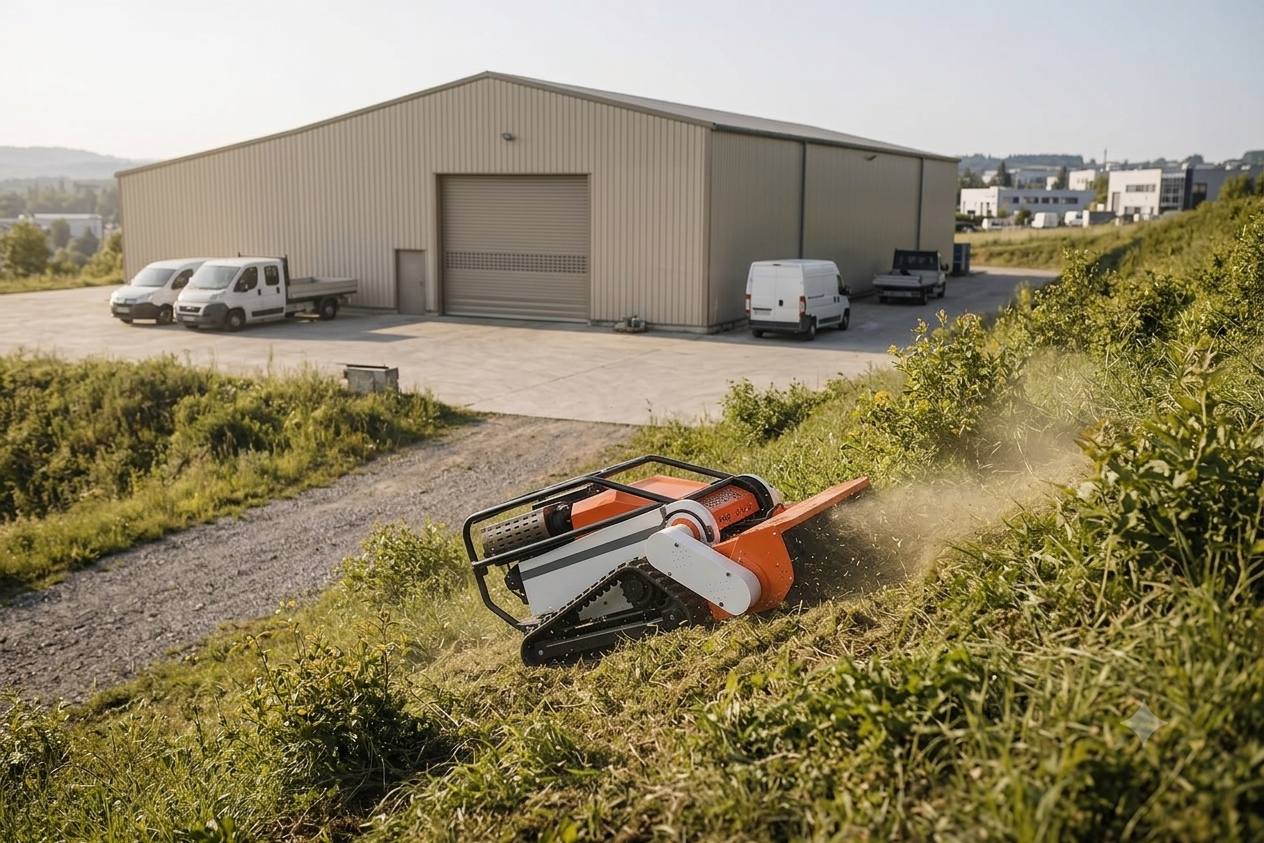 Une débroussailleuse électrique en train de couper l'herbe dans un environnement extérieur près d'un bâtiment industriel avec des véhicules stationnés.
