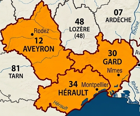 Carte de la région Occitanie en France, mettant en évidence les départements du Gard, de l'Hérault, de l'Aveyron, de Lozère, du Tarn et de l'Ardèche.