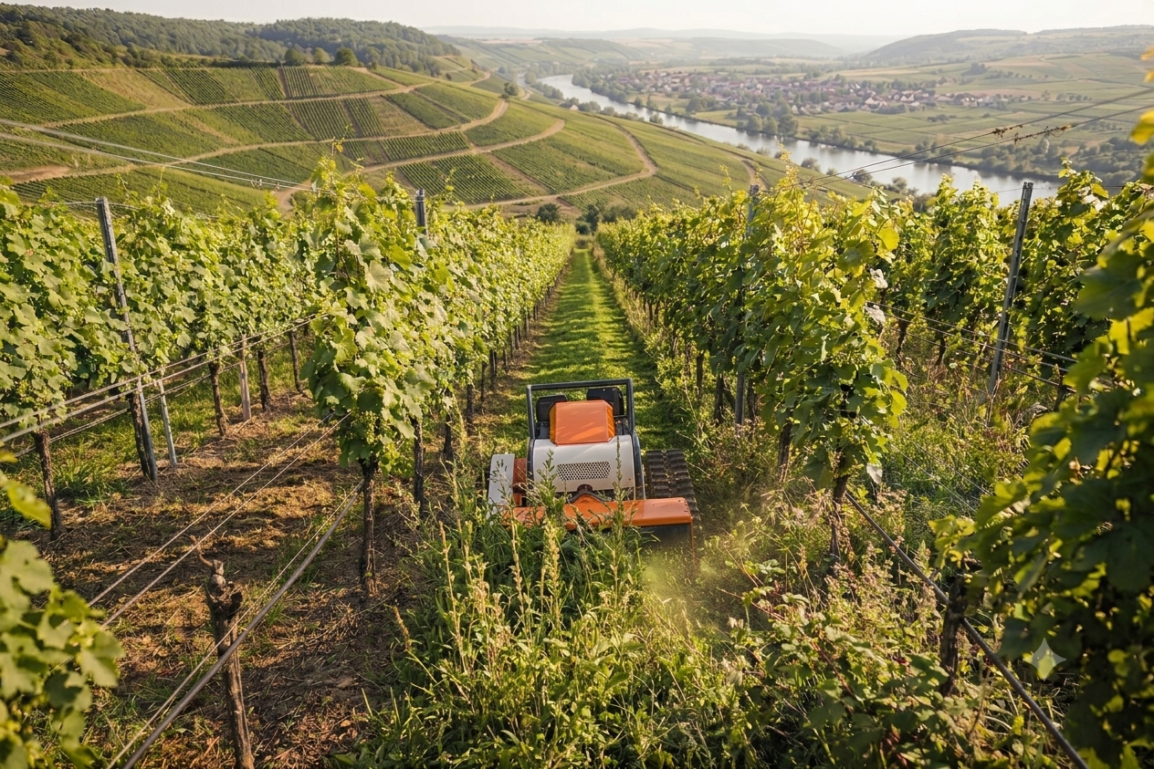 Vignoble avec un tracteur en train de travailler les rangées de vignes ensoleillées, avec une rivière et des collines en arrière-plan.