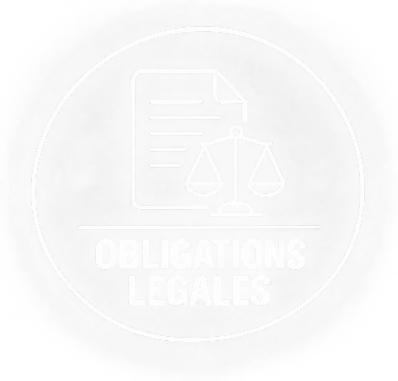 Néon blanc avec un symbole de document, une balance et le texte "Obligations Légales".