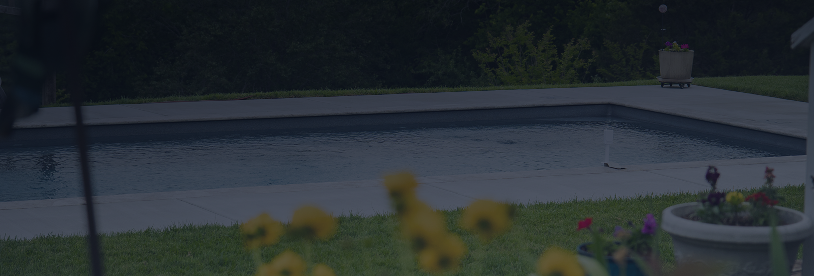 A backyard swimming pool with a concrete deck, surrounded by green grass and potted flowers. The background features trees and a cloudy sky.