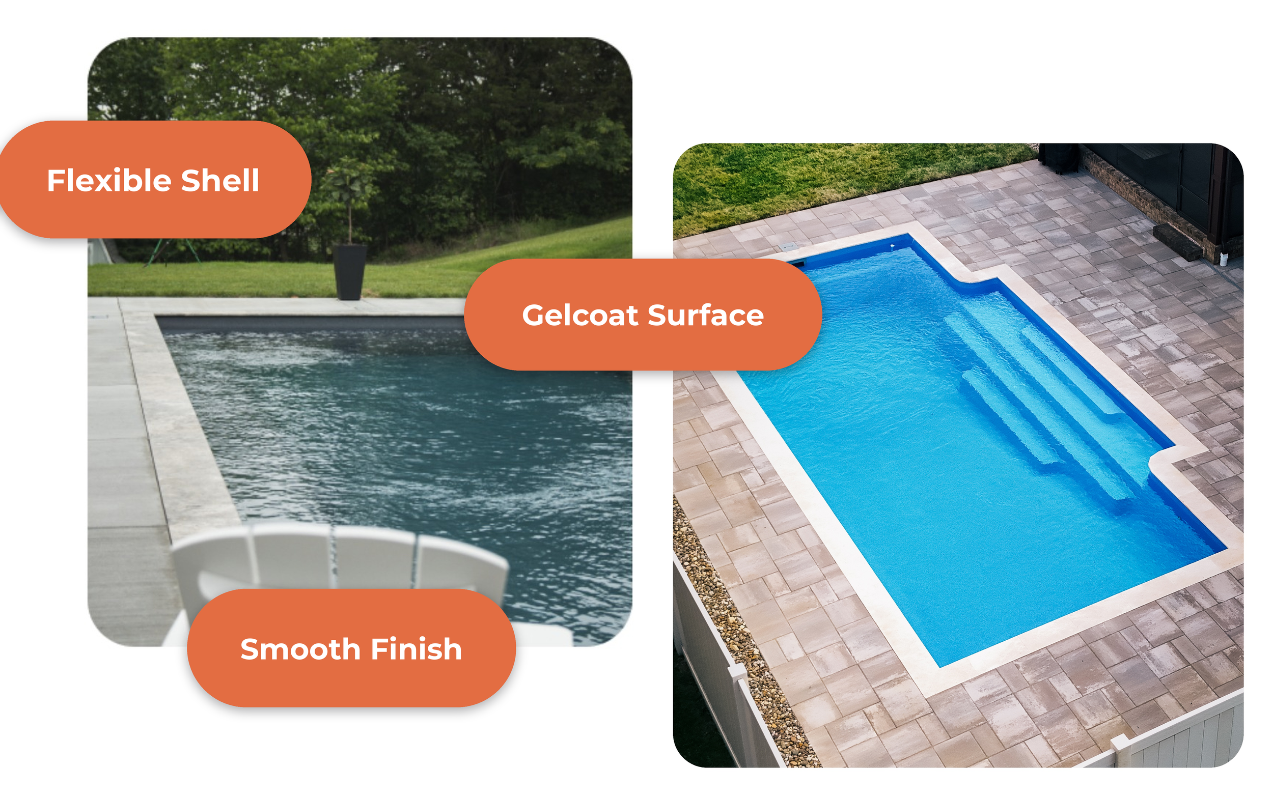 Comparison of two swimming pools: one with a flexible shell and smooth finish, the other with a gelcoat surface.