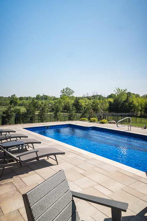 Finished inground pool with a paver patio and wooded backdrop